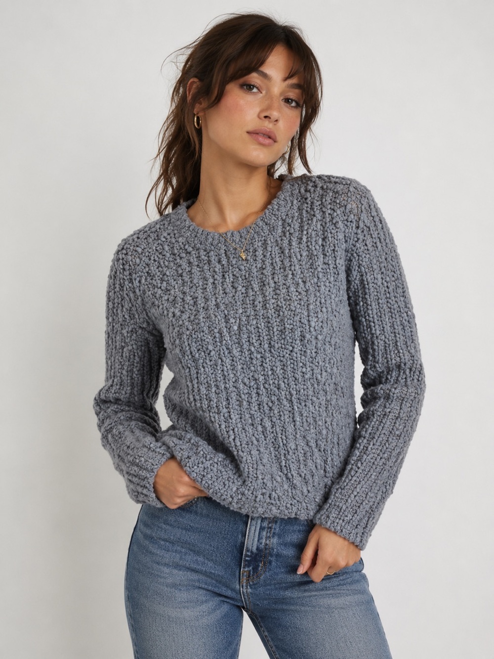 Popcorn Knit Gray/Blue‎ Crew Neck Sweater, Small